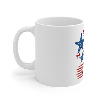 Patriotic Starfish 250 Coffee Mug – Coastal Americana Mug – Red White Blue Beach Starfish Cup – Nautical USA 250th Anniversary Gift Mug 11oz