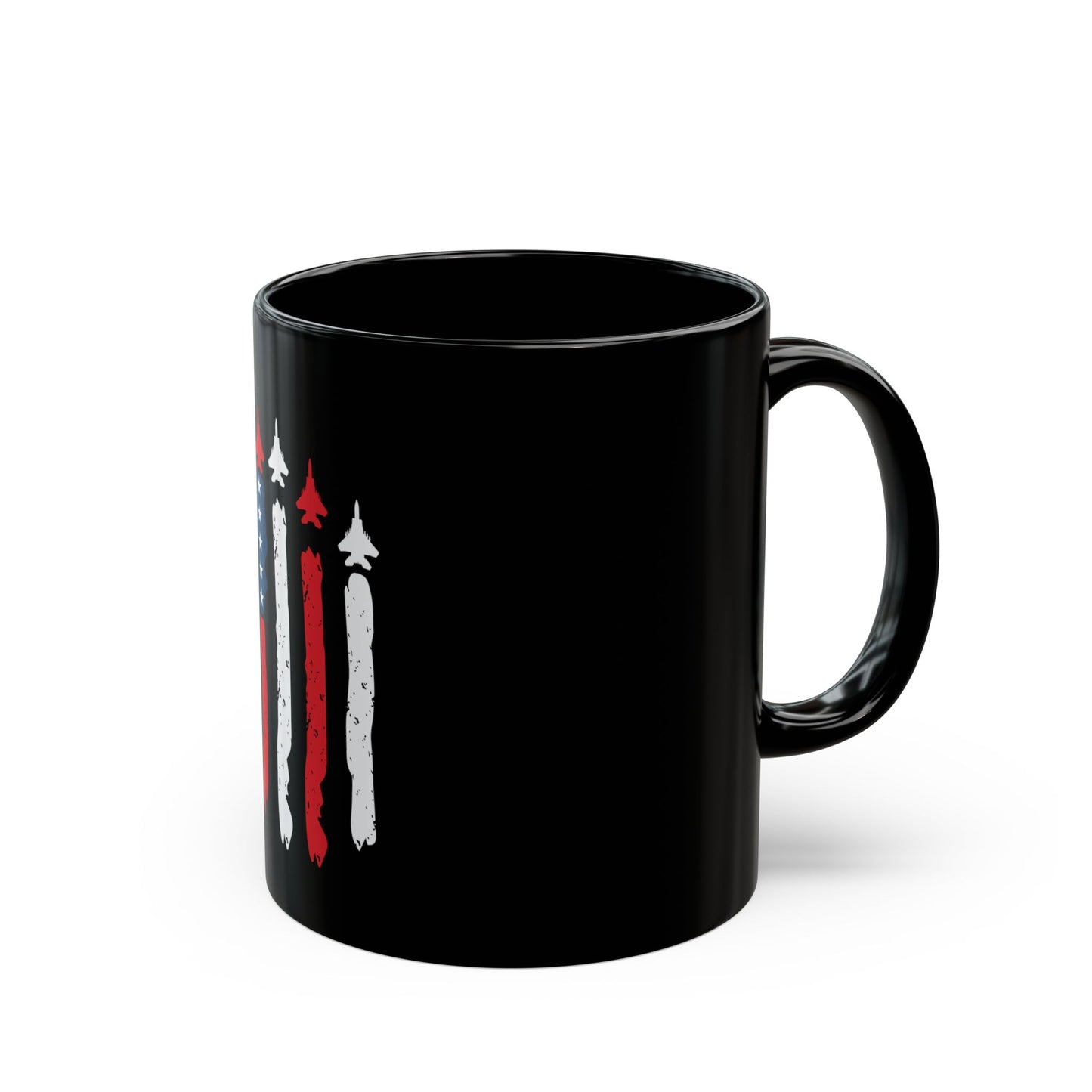 Patriotic Fighter Jet Flag Mug – USA Air Force Inspired Coffee Mug – Red White Blue Jet Formation Cup – Military Aviation Gift Black Mug (11oz, 15oz)