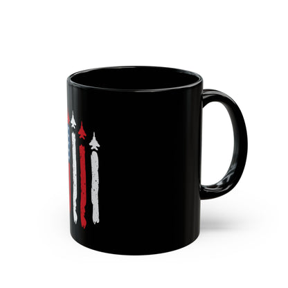 Patriotic Fighter Jet Flag Mug – USA Air Force Inspired Coffee Mug – Red White Blue Jet Formation Cup – Military Aviation Gift Black Mug (11oz, 15oz)