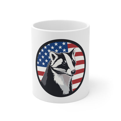American Badger Flag Coffee Mug – Patriotic Wildlife Mug – USA Flag Animal Cup – Americana Nature Gift Mug 11oz