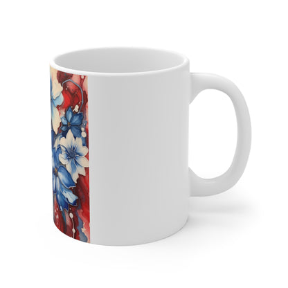 Patriotic Blue Floral Coffee Mug – Layered Watercolor Flower Mug – Red White Blue Botanical Art Cup – Elegant Americana Mug Floral Stars Red White & Blue 11oz Ceramic Mug