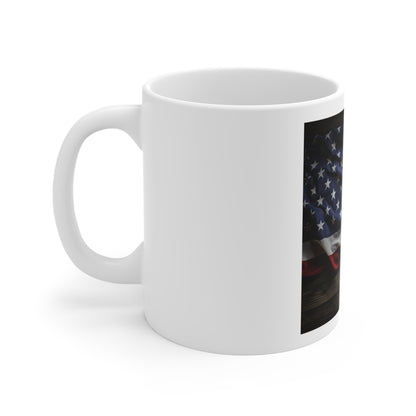 Waving American Flag Coffee Mug – Rustic Wood Background USA Mug – Realistic Patriotic Flag Mug – Vintage Americana Coffee Cup American Flag Coffee Mug - Patriotic 11oz Ceramic Cup