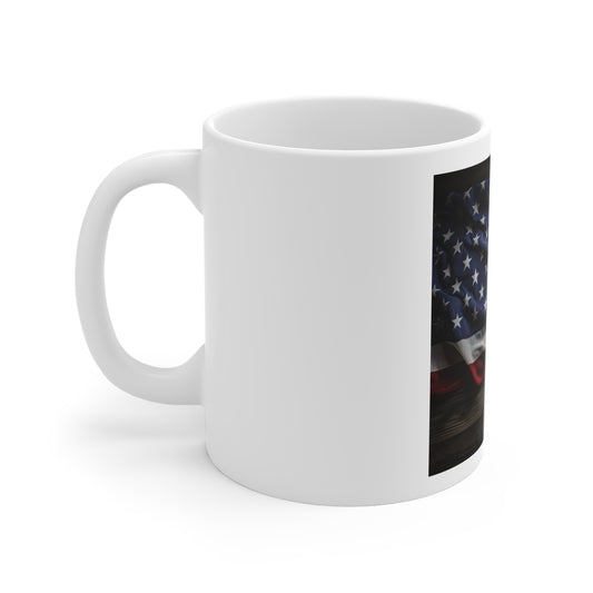 Waving American Flag Coffee Mug – Rustic Wood Background USA Mug – Realistic Patriotic Flag Mug – Vintage Americana Coffee Cup American Flag Coffee Mug - Patriotic 11oz Ceramic Cup