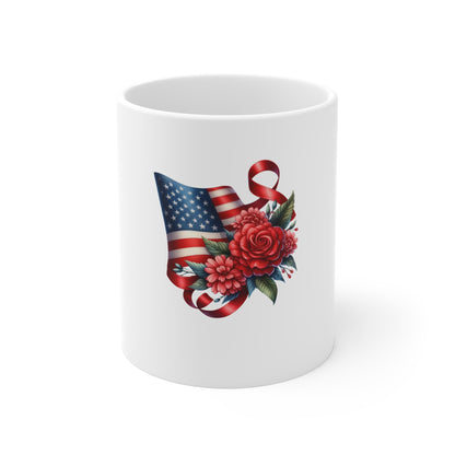American Flag Floral Mug — Patriotic Rose 11oz Coffee Cup
