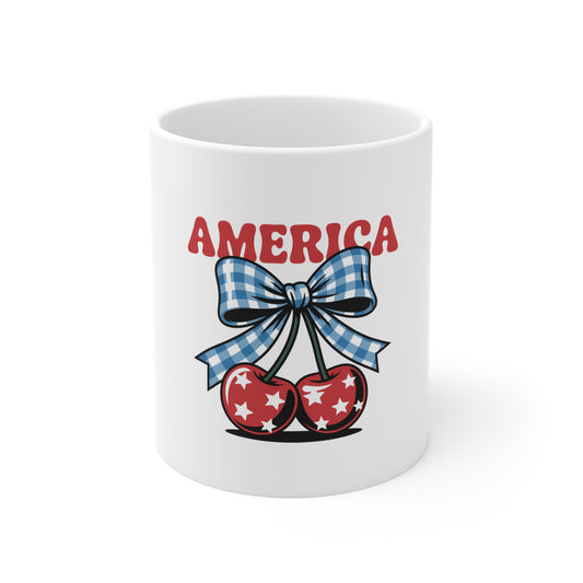 America Cherry Mug — Patriotic 11oz Coffee Cup with Stars & Gingham Bow