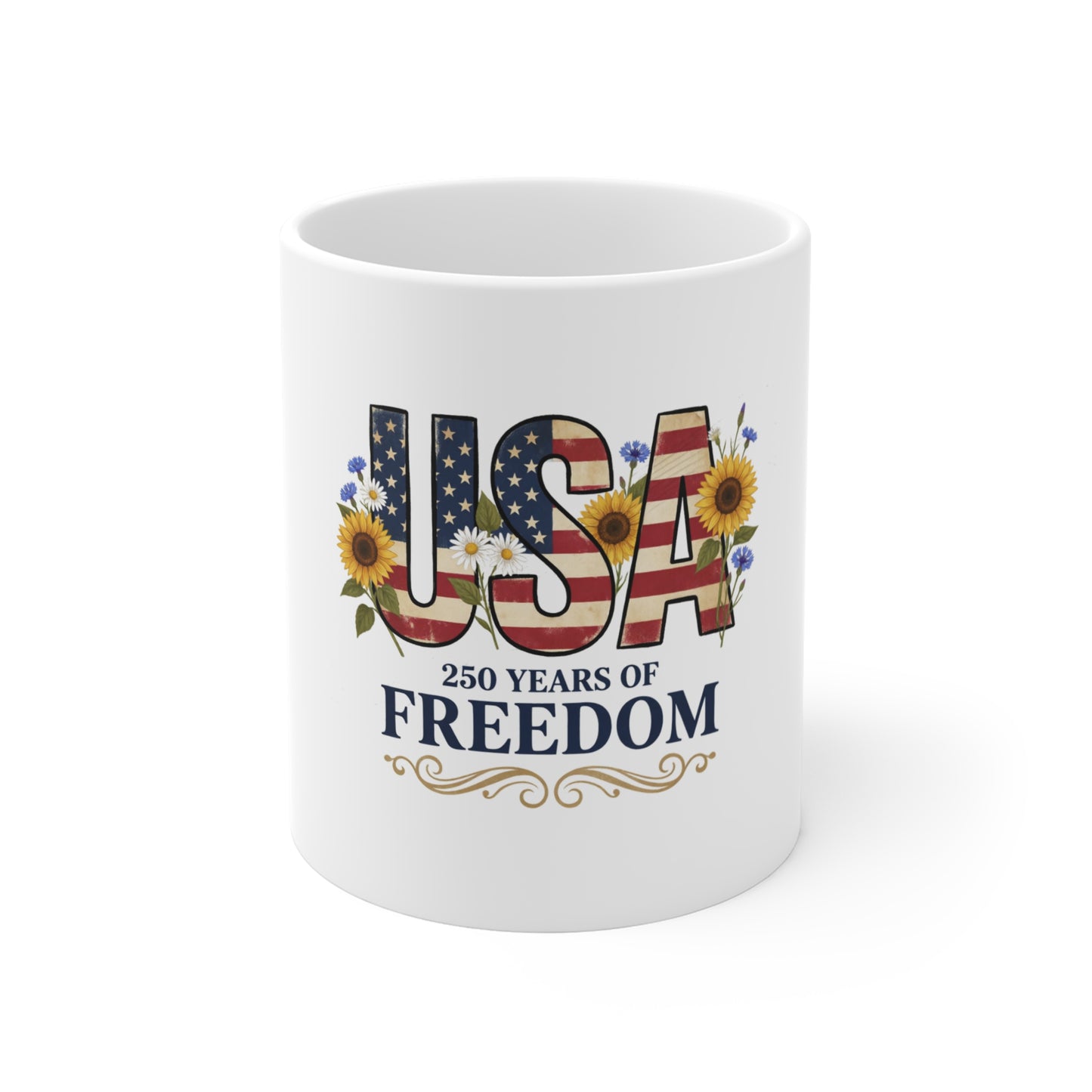 USA 250 Years of Freedom Sunflower Coffee Mug – Patriotic Floral Americana Mug – Red White Blue Vintage Flag Flower Cup – Gift for Her Mug 11oz