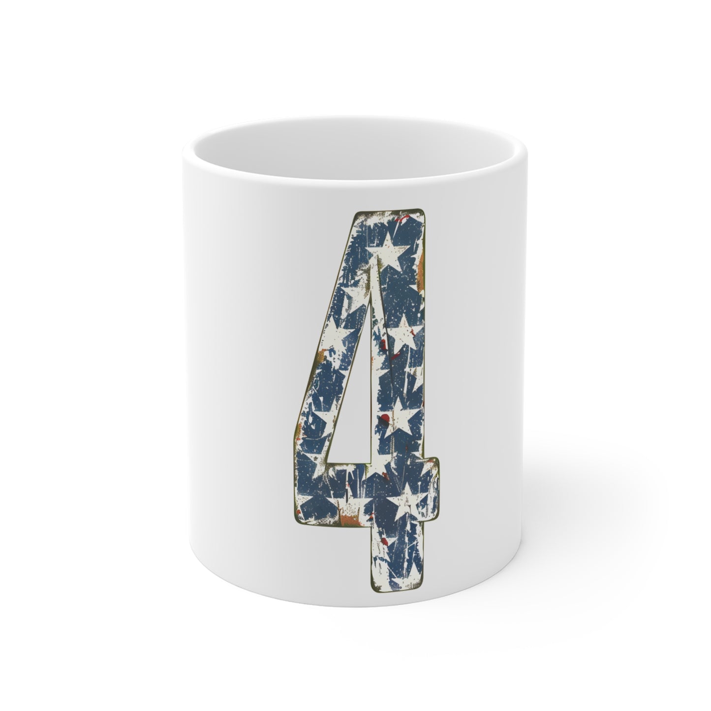 Distressed American Flag Number 4 Coffee Mug – Vintage Patriotic Number Mug – Stars Pattern USA Mug – Rustic Americana Gift Cup 11oz