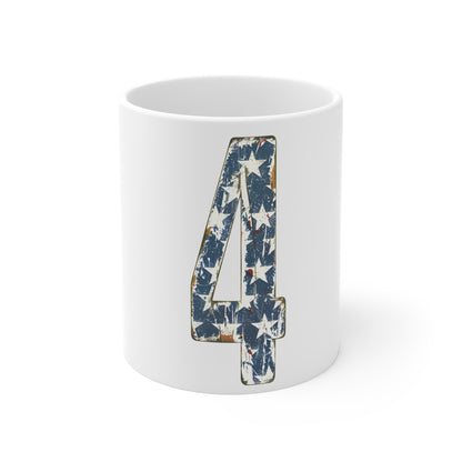 Distressed American Flag Number 4 Coffee Mug – Vintage Patriotic Number Mug – Stars Pattern USA Mug – Rustic Americana Gift Cup 11oz