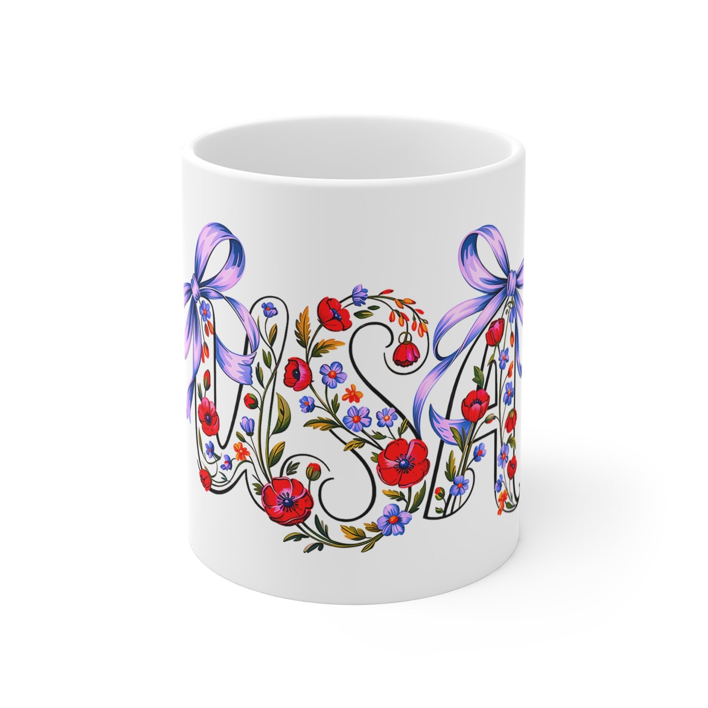 Floral Mom 11oz Mug — Decorative Script with Poppies & Purple Bows