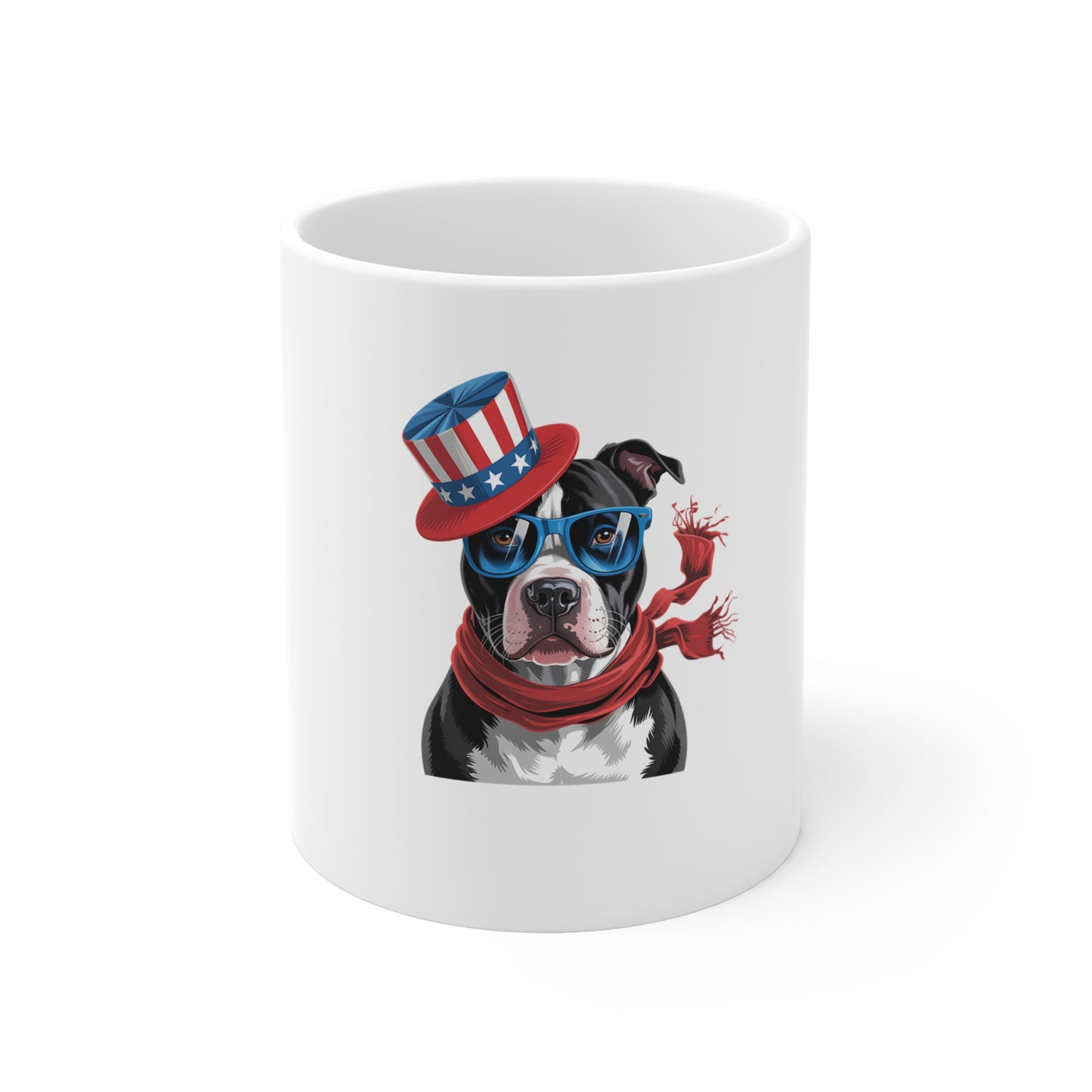 Patriotic Pitbull Coffee Mug — 11oz USA Top Hat & Scarf Dog Design