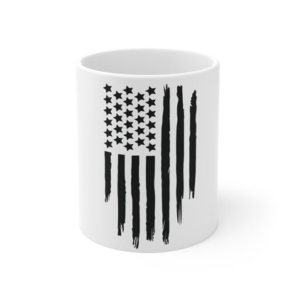 Blacked-Out Distressed Vertical American Flag Coffee Mug – Minimalist USA Flag Mug – Stealth Patriotic Cup – Grunge Stripe Flag Design Mug 11oz