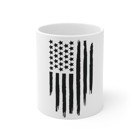 Blacked-Out Distressed Vertical American Flag Coffee Mug – Minimalist USA Flag Mug – Stealth Patriotic Cup – Grunge Stripe Flag Design Mug 11oz