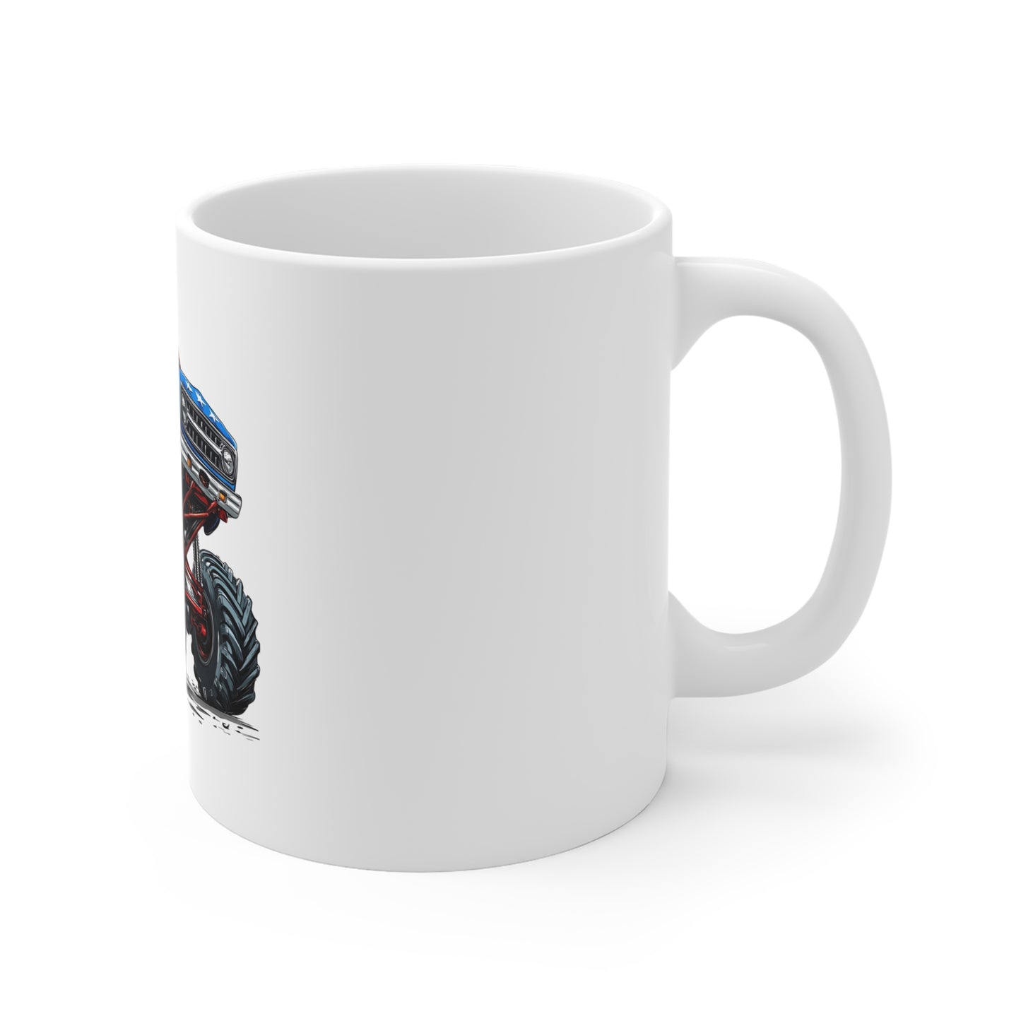 Patriotic Lifted Truck Coffee Mug – American Flag Monster Truck Mug – USA Off-Road Pickup Design – Bold Americana Gift Mug 11oz