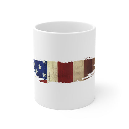 Muted Vintage USA Flag Brush Stroke Mug – Faded Americana Coffee Cup – Soft Retro Patriotic Design Mug 11oz