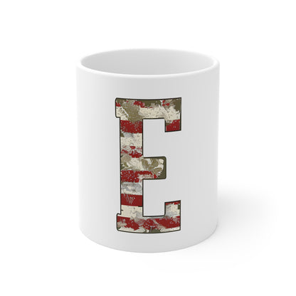 Patriotic Letter E Coffee Mug – American Flag Initial Mug – Rustic USA Monogram Mug – Vintage Americana Alphabet Gift Mug 11oz