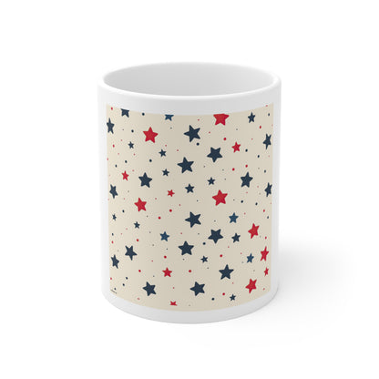 Scattered Americana Stars Coffee Mug – Red Blue Star Confetti Mug – Minimal Patriotic Pattern Cup – Subtle USA Star Design Mug 11oz Star Pattern Mug — Red & Navy Patriotic Ceramic Coffee Cup