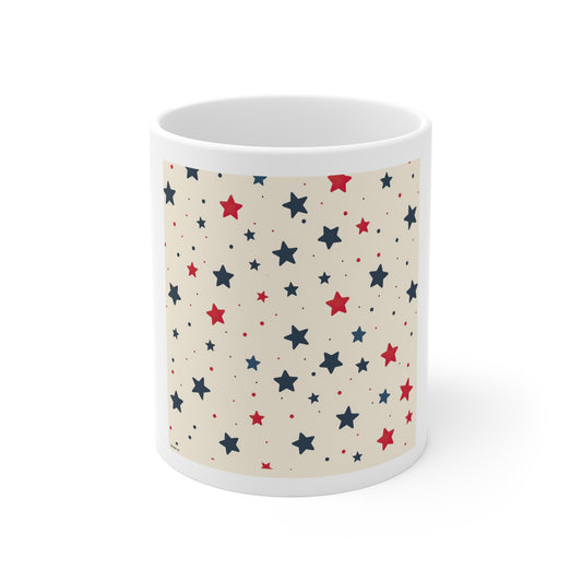 Scattered Americana Stars Coffee Mug – Red Blue Star Confetti Mug – Minimal Patriotic Pattern Cup – Subtle USA Star Design Mug 11oz Star Pattern Mug — Red & Navy Patriotic Ceramic Coffee Cup