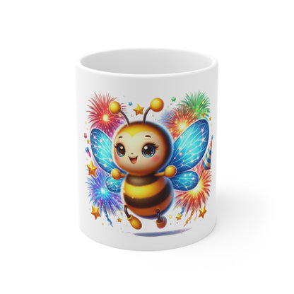 Cute Patriotic Bee Coffee Mug – Fireworks Bumblebee Mug – Adorable Americana Insect Cup – Colorful Celebration Mug 11oz