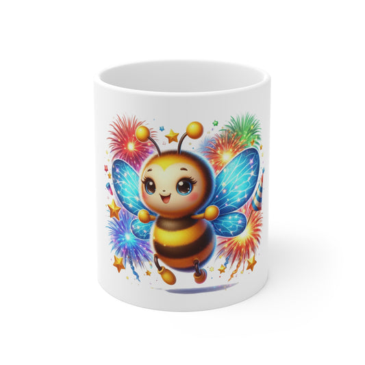 Cute Patriotic Bee Coffee Mug – Fireworks Bumblebee Mug – Adorable Americana Insect Cup – Colorful Celebration Mug 11oz