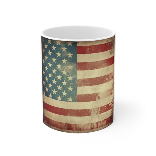 Vintage American Flag Coffee Mug – Distressed USA Flag Mug – Rustic Retro Patriotic Cup – Classic Americana Coffee Mug Vintage American Flag Mug - 11oz Patriotic Coffee Cup