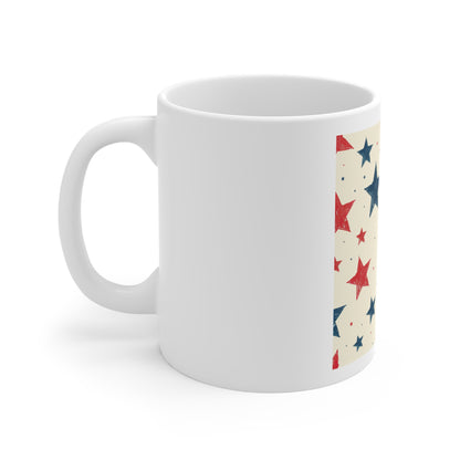 Hand-Drawn Patriotic Stars Coffee Mug – Vintage Sketch Star Mug – Rustic Americana Star Pattern Cup – Red Blue Artistic Stars Mug Patriotic Red & Blue Star 11oz Coffee Mug - Americana Fourth of July...
