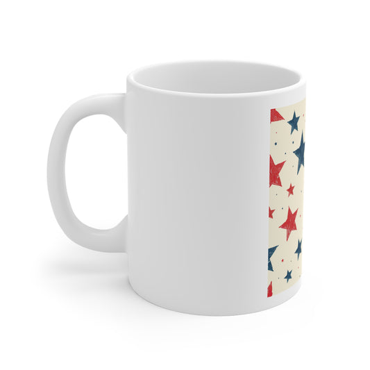 Hand-Drawn Patriotic Stars Coffee Mug – Vintage Sketch Star Mug – Rustic Americana Star Pattern Cup – Red Blue Artistic Stars Mug Patriotic Red & Blue Star 11oz Coffee Mug - Americana Fourth of July...