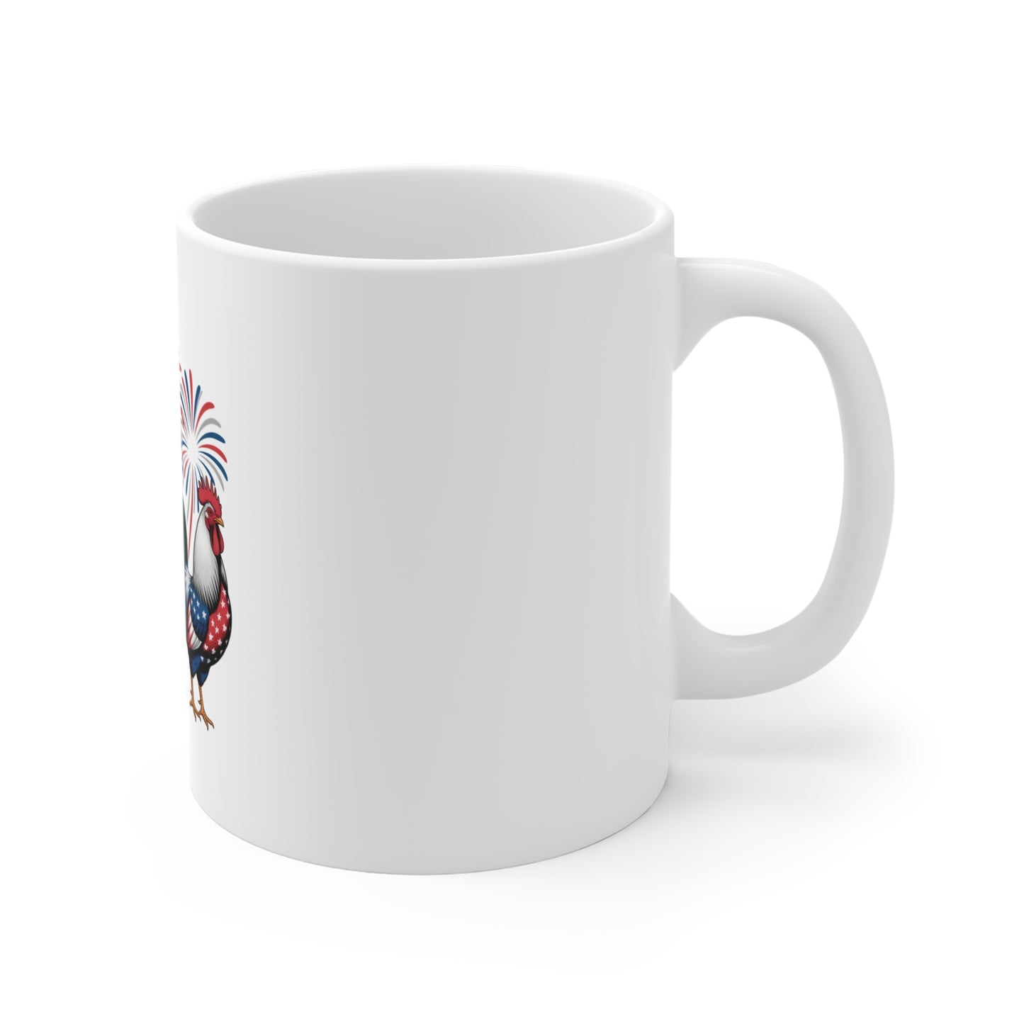 Patriotic Rooster Mug — 11oz Americana Fireworks Coffee Cup