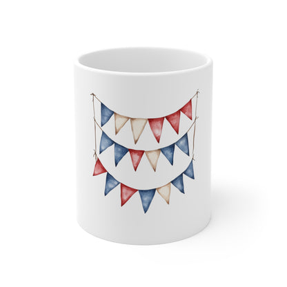 Patriotic Bunting Ceramic Mug - 11oz Red White Blue Banner Coffee Cup