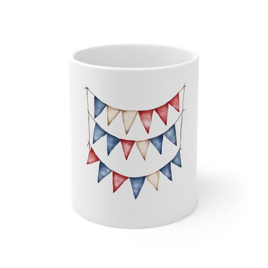 Patriotic Bunting Ceramic Mug - 11oz Red White Blue Banner Coffee Cup