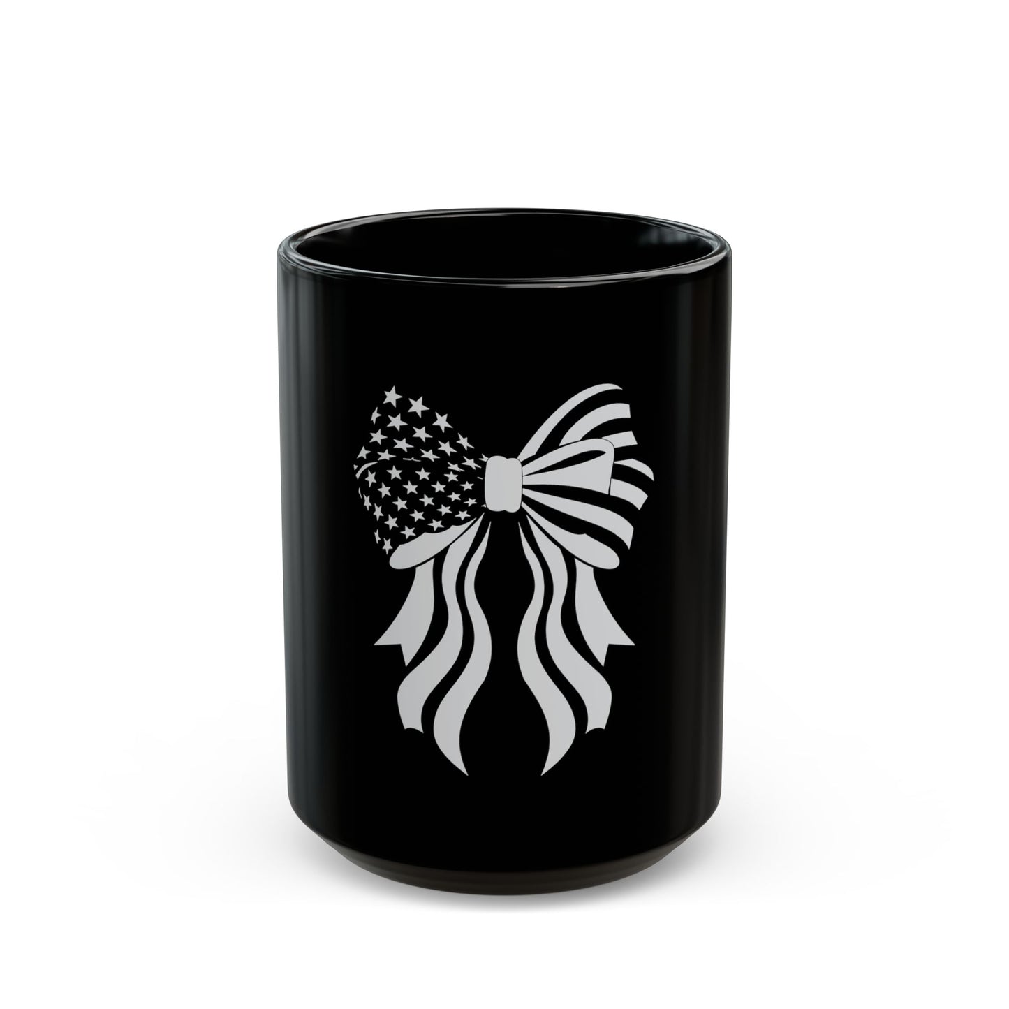 Patriotic Bow Coffee Mug – American Flag Ribbon Mug – USA Stars and Stripes Bow Cup – Cute Americana Gift Mug Black Mug (11oz, 15oz)