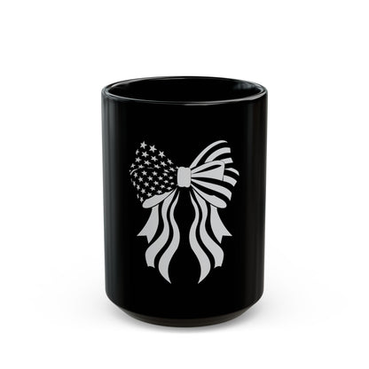 Patriotic Bow Coffee Mug – American Flag Ribbon Mug – USA Stars and Stripes Bow Cup – Cute Americana Gift Mug Black Mug (11oz, 15oz)