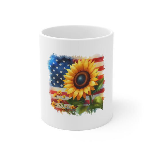 Sunflower American Flag Mug — Patriotic Floral 11oz Coffee Cup