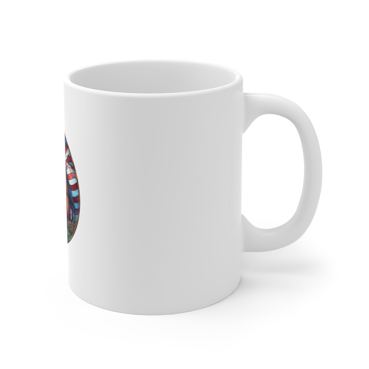 Stained Glass Patriotic Barn Mug – Americana Farmhouse Coffee Mug – Red White Blue Country Art Cup – Rustic USA Gift Mug 11oz