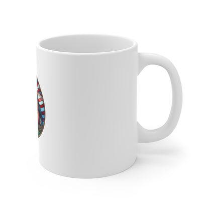 Stained Glass Patriotic Barn Mug – Americana Farmhouse Coffee Mug – Red White Blue Country Art Cup – Rustic USA Gift Mug 11oz
