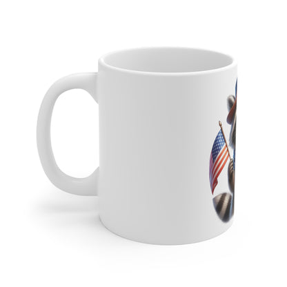 Patriotic Raccoon Coffee Mug – Cute American Raccoon Mug – Red White Blue Scarf Flag Cup – 4th of July Animal Mug11oz