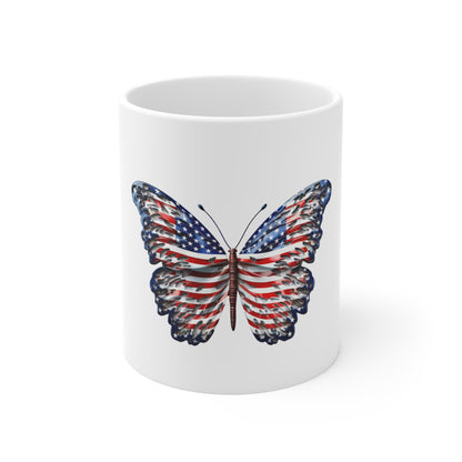 Distressed American Flag Butterfly Mug – Rustic Patriotic Butterfly Coffee Mug – Grunge USA Wing Design – Vintage Americana Gift Patriotic Butterfly Mug - American Flag 11oz Coffee Cup