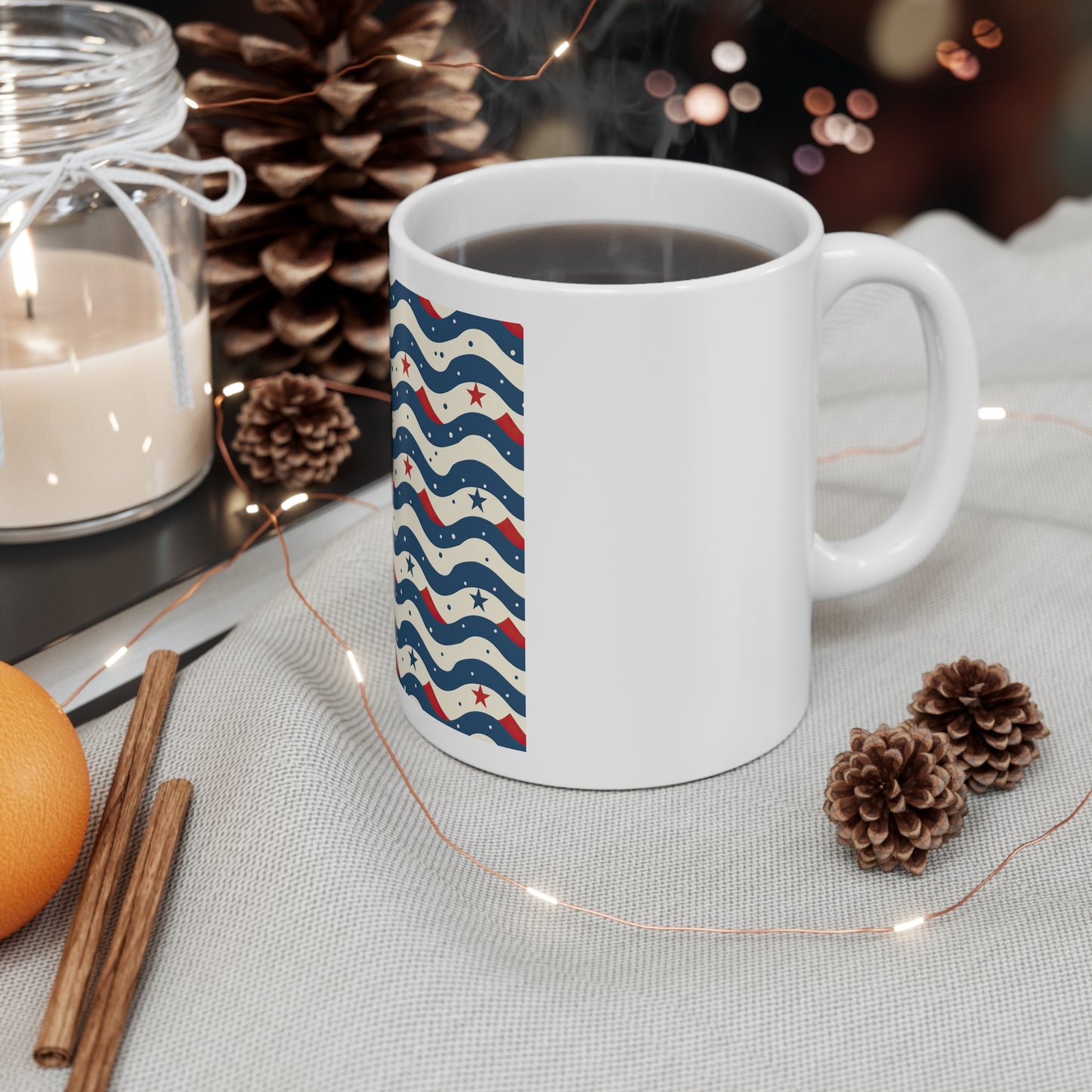Patriotic Wave Stars Coffee Mug – Modern Americana Wave & Star Pattern Mug – Red Blue Abstract USA Cup – Coastal Patriotic Design Patriotic Wavy Stars 11oz Mug — Red White & Blue Americana Coffee Cup...