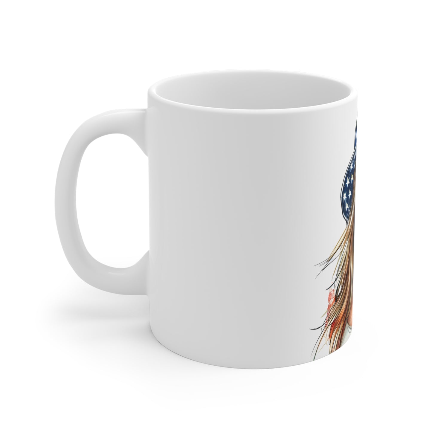 Patriotic Americana Glam Coffee Mug – USA Flag Hat Woman Mug – Bold Portrait Art Cup – Premium 4th of July Gift Mug 11oz