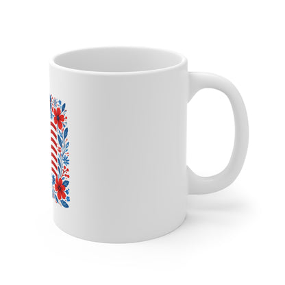 11oz Mug — American Flag Floral Design | Patriotic 4th of July Coffee Cup
