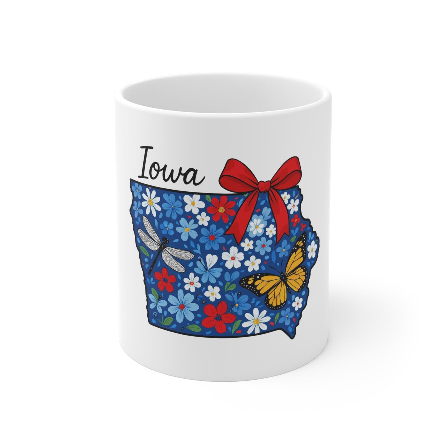 Iowa Floral State Map Mug – 11oz Coffee Cup with Butterflies & Ribbon