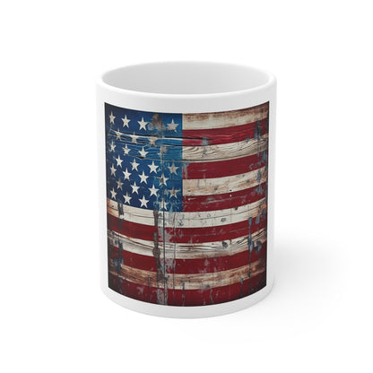 Worn Barnwood American Flag Coffee Mug – Distressed USA Flag Mug – Rustic Weathered Wood Patriotic Cup – Vintage Farmhouse Americana Mug Distressed American Flag Mug — Rustic USA 11oz Coffee Cup...