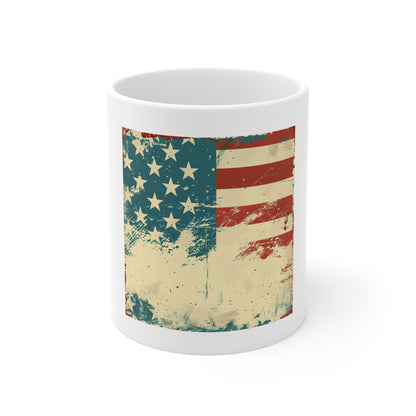 Vintage American Flag Coffee Mug – Distressed Patriotic USA Mug with Clean Minimal Design – 11oz Ceramic Cup – Classic Americana Gift