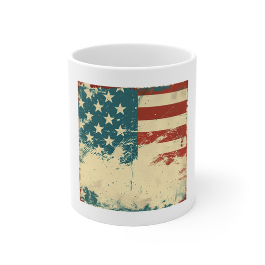 Vintage American Flag Coffee Mug – Distressed Patriotic USA Mug with Clean Minimal Design – 11oz Ceramic Cup – Classic Americana Gift
