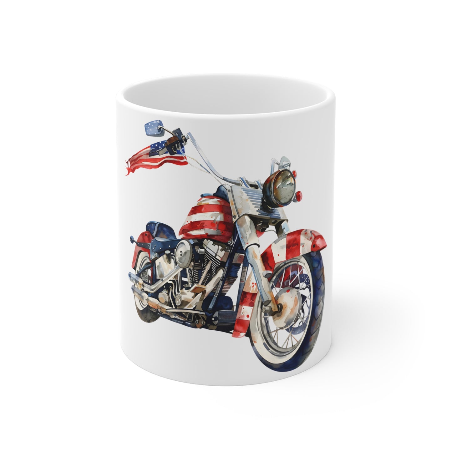 Patriotic Motorcycle Coffee Mug – American Flag Bike Mug – USA Biker Art Cup – Vintage Americana Rider Gift Mug 11oz