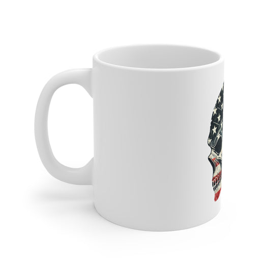 Patriotic Skull Side Profile Mug – Distressed American Flag Skull Coffee Cup – Vintage USA Freedom Design Mug 11oz