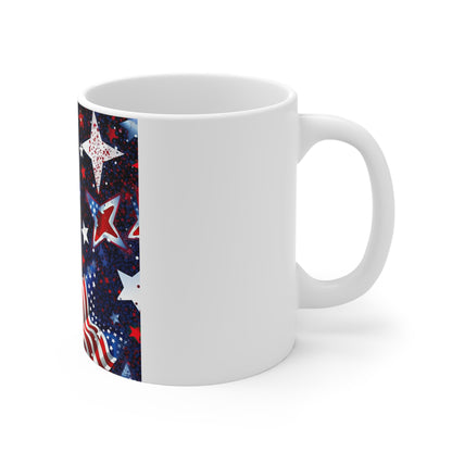 Starry American Flag Coffee Mug – Glitter Patriotic Mug – Sparkle USA Flag Cup – Festive Americana Stars Mug American Flag Stars Mug – Patriotic 11oz Coffee Cup for 4th of July & Veterans Day