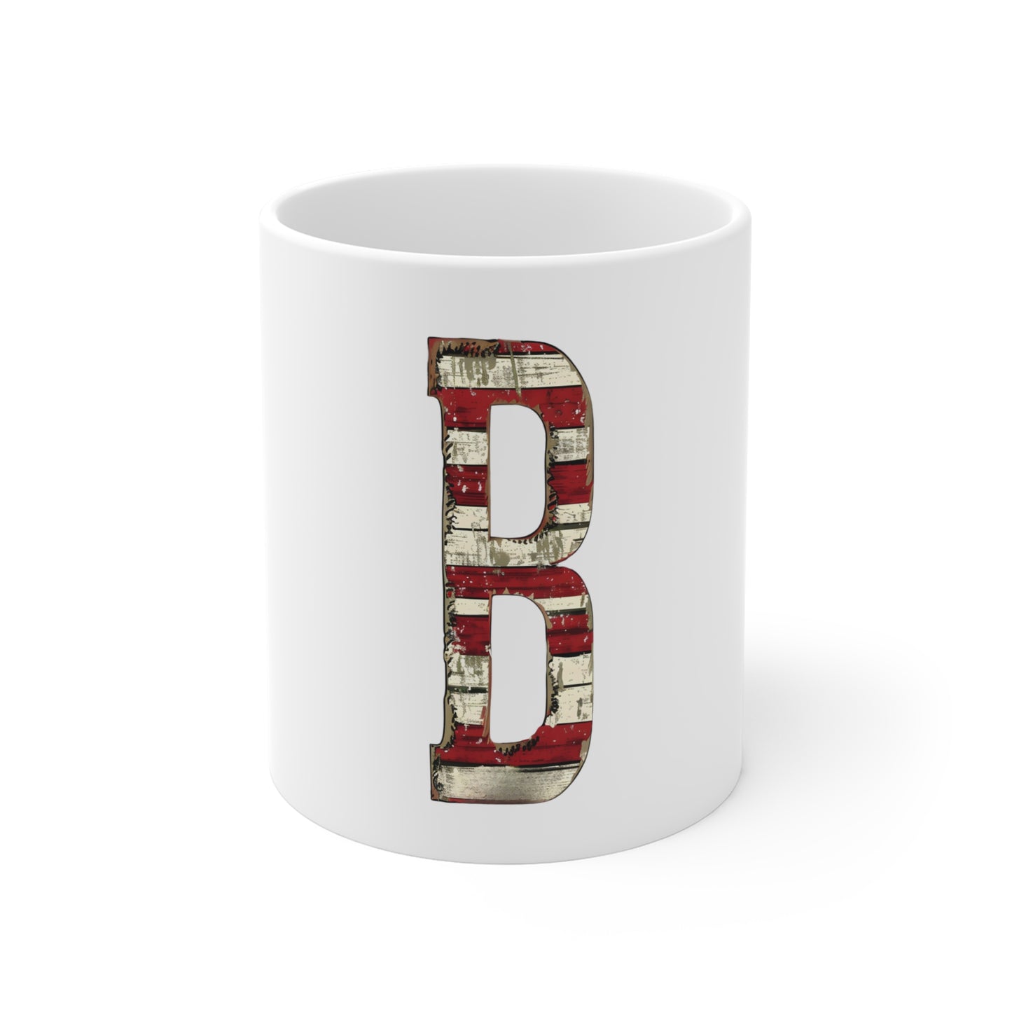 Patriotic Letter B Coffee Mug – American Flag Initial Mug – Rustic USA Monogram Mug – Vintage Americana Alphabet Gift Mug 11oz