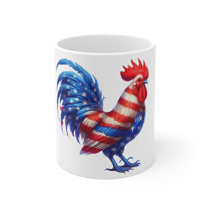 Patriotic Rooster Coffee Mug – American Flag Feather Rooster – Red White Blue Farmhouse Mug – Bold USA Pride Gift Patriotic Rooster Coffee Mug — American Flag 11oz Ceramic Mug