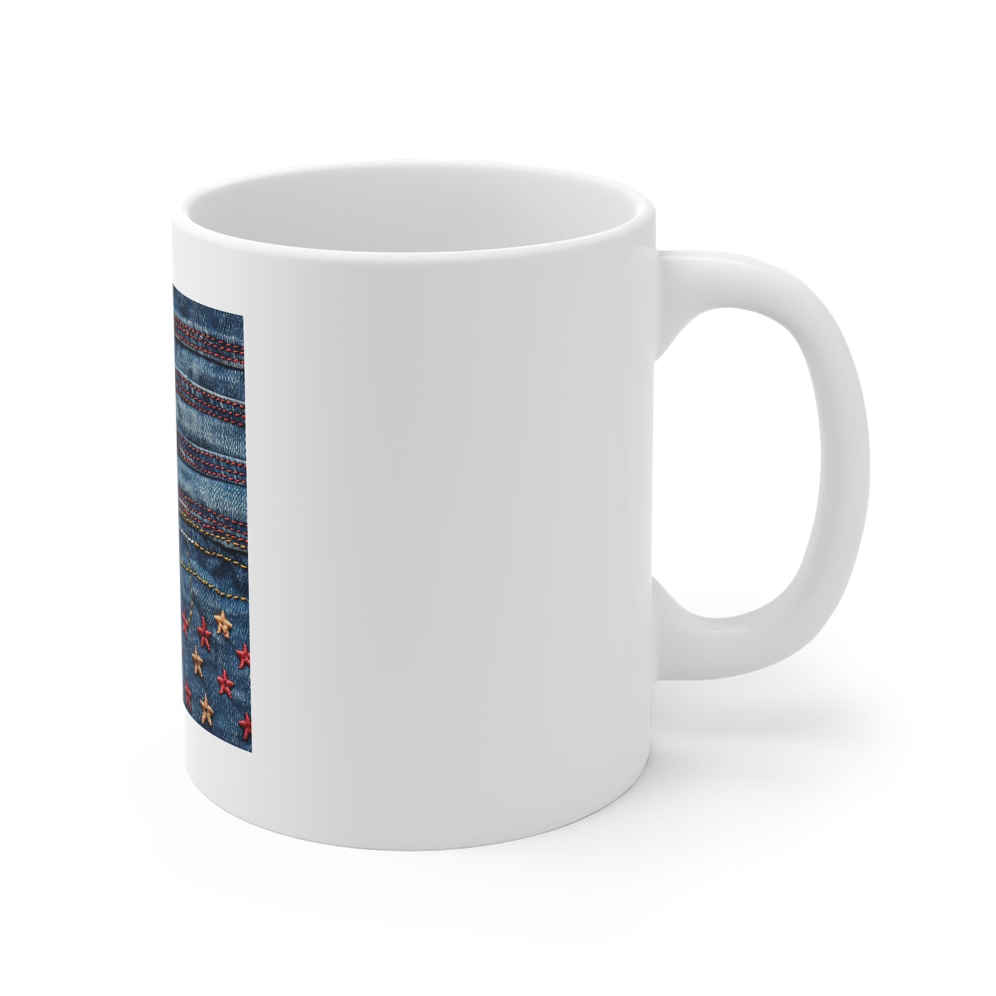 Denim American Flag Coffee Mug – Embroidered Star & Red Stitch Patriotic Mug – Rugged Jeans Texture USA Cup – Americana Style GiftDenim Stars 11oz Coffee Mug — Patchwork Jeans Pattern