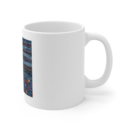 Denim American Flag Coffee Mug – Embroidered Star & Red Stitch Patriotic Mug – Rugged Jeans Texture USA Cup – Americana Style GiftDenim Stars 11oz Coffee Mug — Patchwork Jeans Pattern